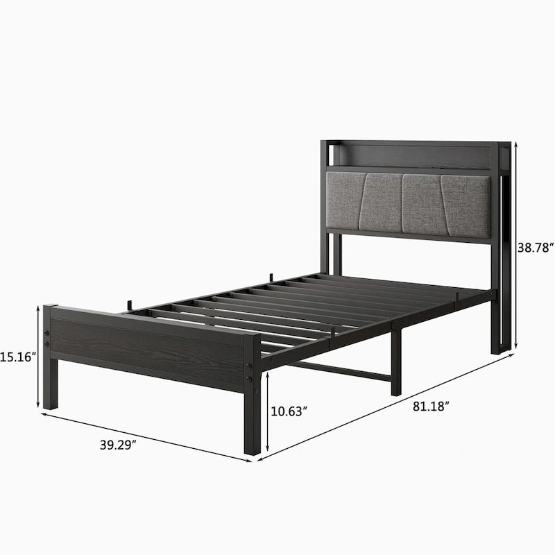 Letto a piattaforma grigio con testiera contenitore e stazione di ricarica, singolo/matrimoniale/queen, 1-2 persone