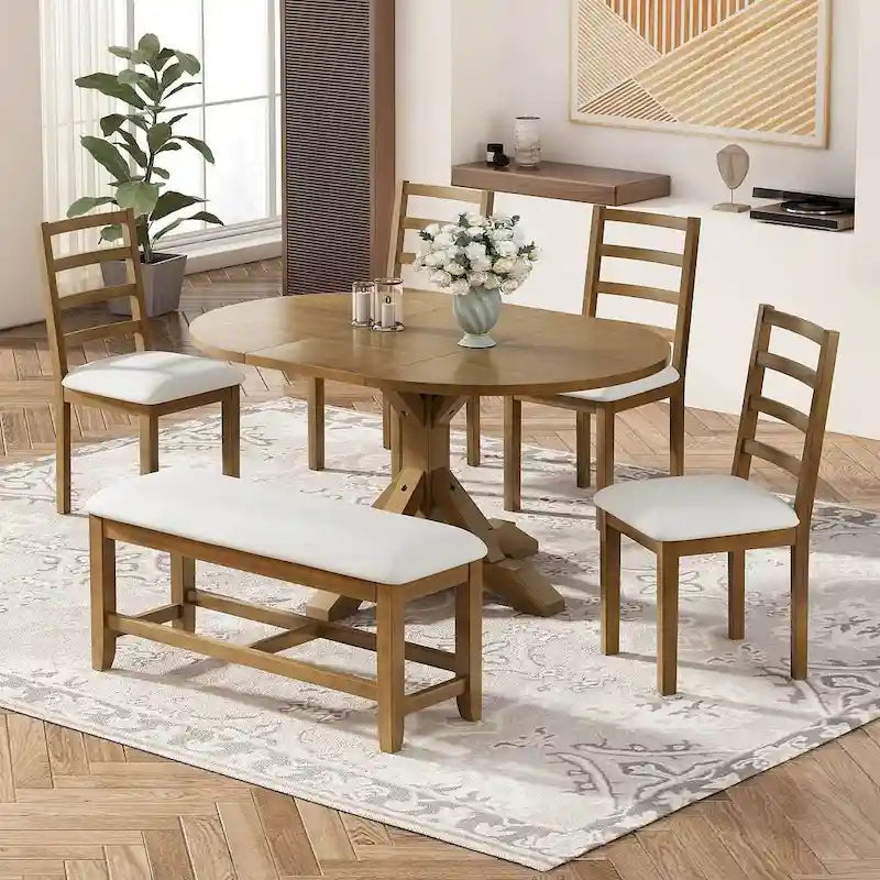 Set da pranzo country/rustico marrone scuro/naturale, 6 posti, allungabile