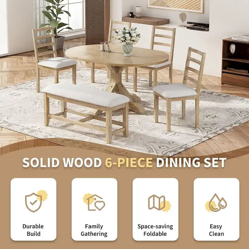 Set da pranzo country/rustico marrone scuro/naturale, 6 posti, allungabile