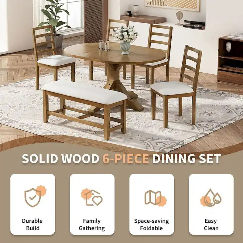 Set da pranzo country/rustico marrone scuro/naturale, 6 posti, allungabile