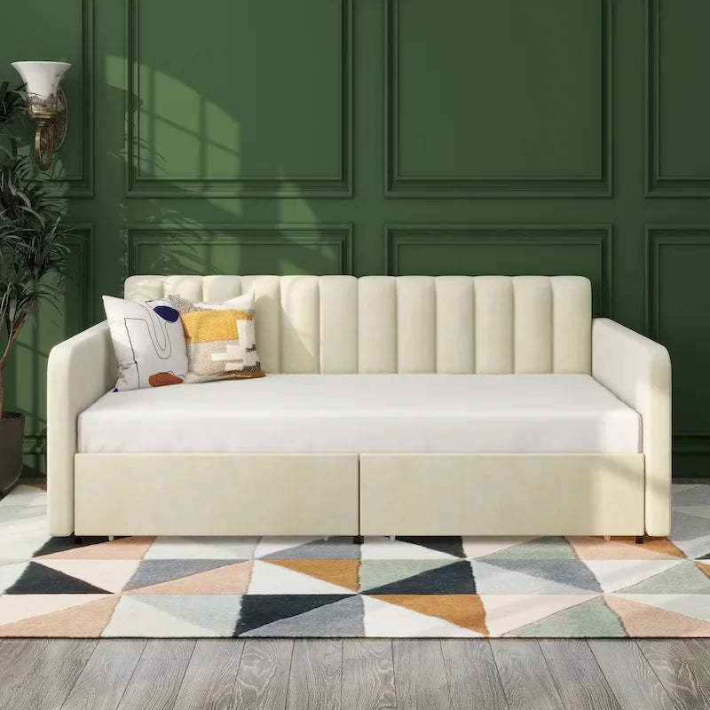 Divano letto singolo a due posti in velluto e bouclé beige/avorio con 2 cassetti