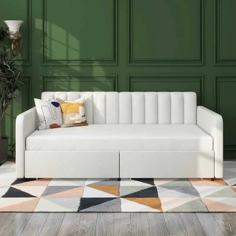 Divano letto singolo a due posti in velluto e bouclé beige/avorio con 2 cassetti