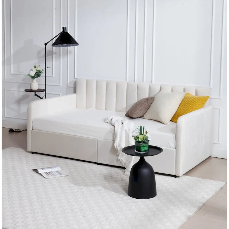 Divano letto singolo a due posti in velluto e bouclé beige/avorio con 2 cassetti