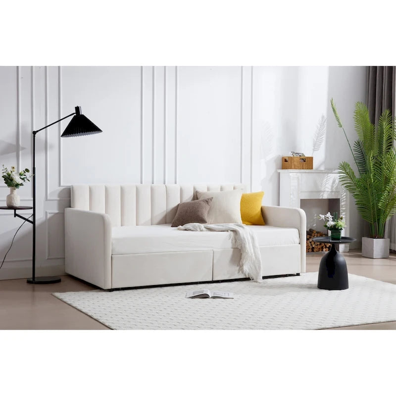 Divano letto singolo a due posti in velluto e bouclé beige/avorio con 2 cassetti