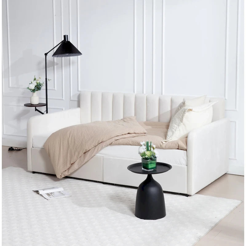 Divano letto singolo a due posti in velluto e bouclé beige/avorio con 2 cassetti