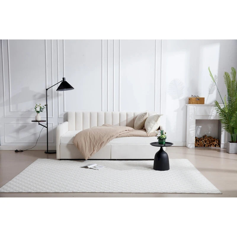 Divano letto singolo a due posti in velluto e bouclé beige/avorio con 2 cassetti
