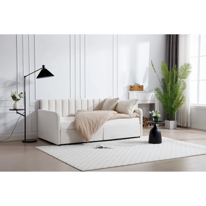 Divano letto singolo a due posti in velluto e bouclé beige/avorio con 2 cassetti