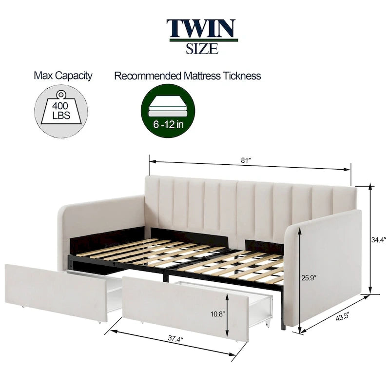 Divano letto singolo a due posti in velluto e bouclé beige/avorio con 2 cassetti