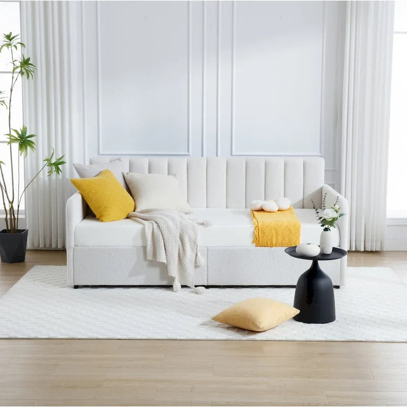 Divano letto singolo a due posti in velluto e bouclé beige/avorio con 2 cassetti