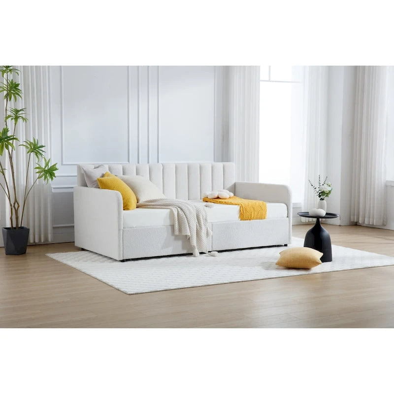 Divano letto singolo a due posti in velluto e bouclé beige/avorio con 2 cassetti