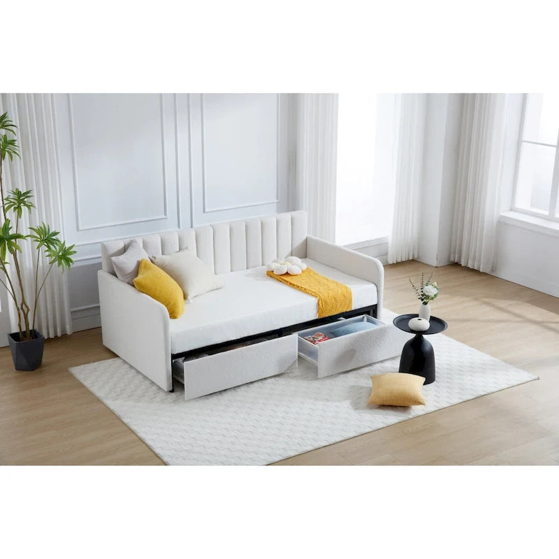 Divano letto singolo a due posti in velluto e bouclé beige/avorio con 2 cassetti