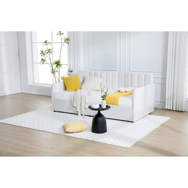 Divano letto singolo a due posti in velluto e bouclé beige/avorio con 2 cassetti