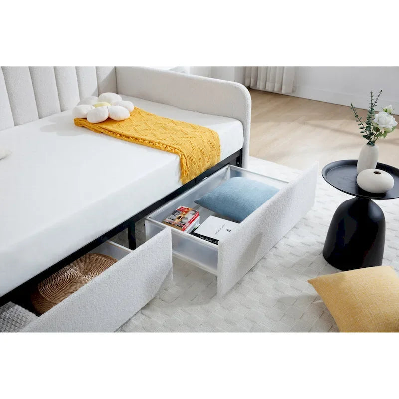 Divano letto singolo a due posti in velluto e bouclé beige/avorio con 2 cassetti