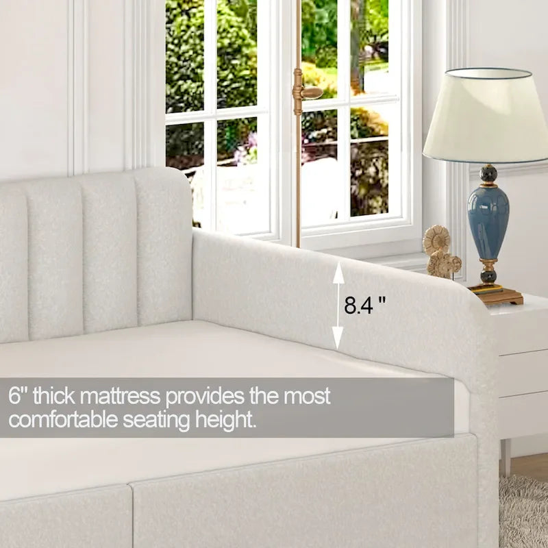 Divano letto singolo a due posti in velluto e bouclé beige/avorio con 2 cassetti