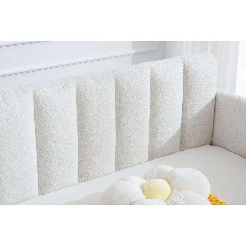 Divano letto singolo a due posti in velluto e bouclé beige/avorio con 2 cassetti