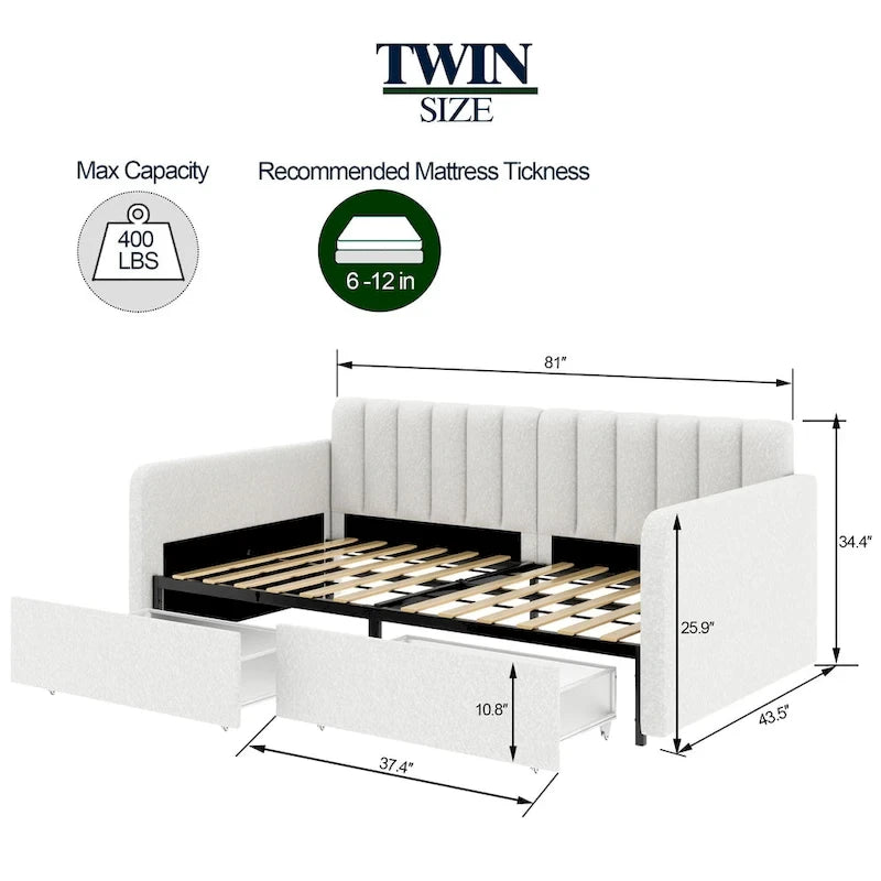 Divano letto singolo a due posti in velluto e bouclé beige/avorio con 2 cassetti